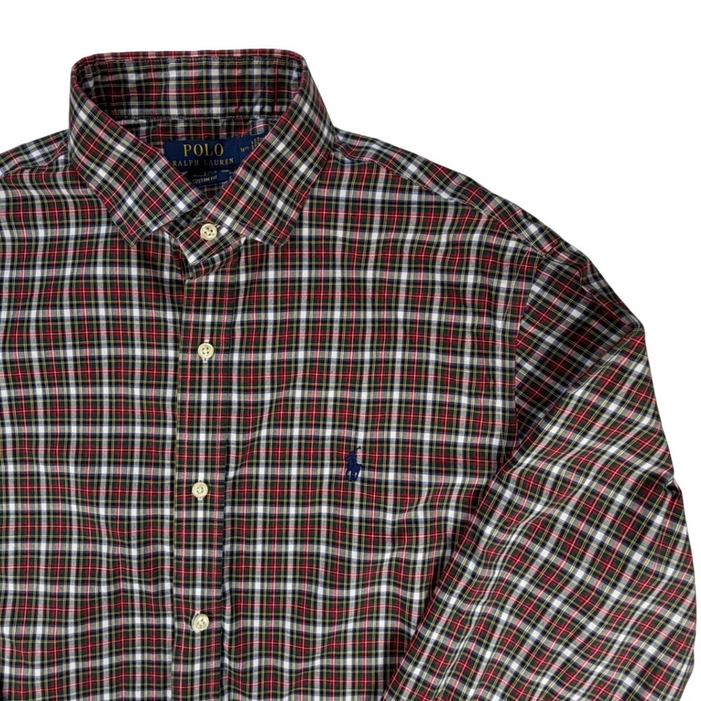 Polo Ralph Lauren Mens Custom Fit Plaid Button Down Shirt Red Green 16.5 L